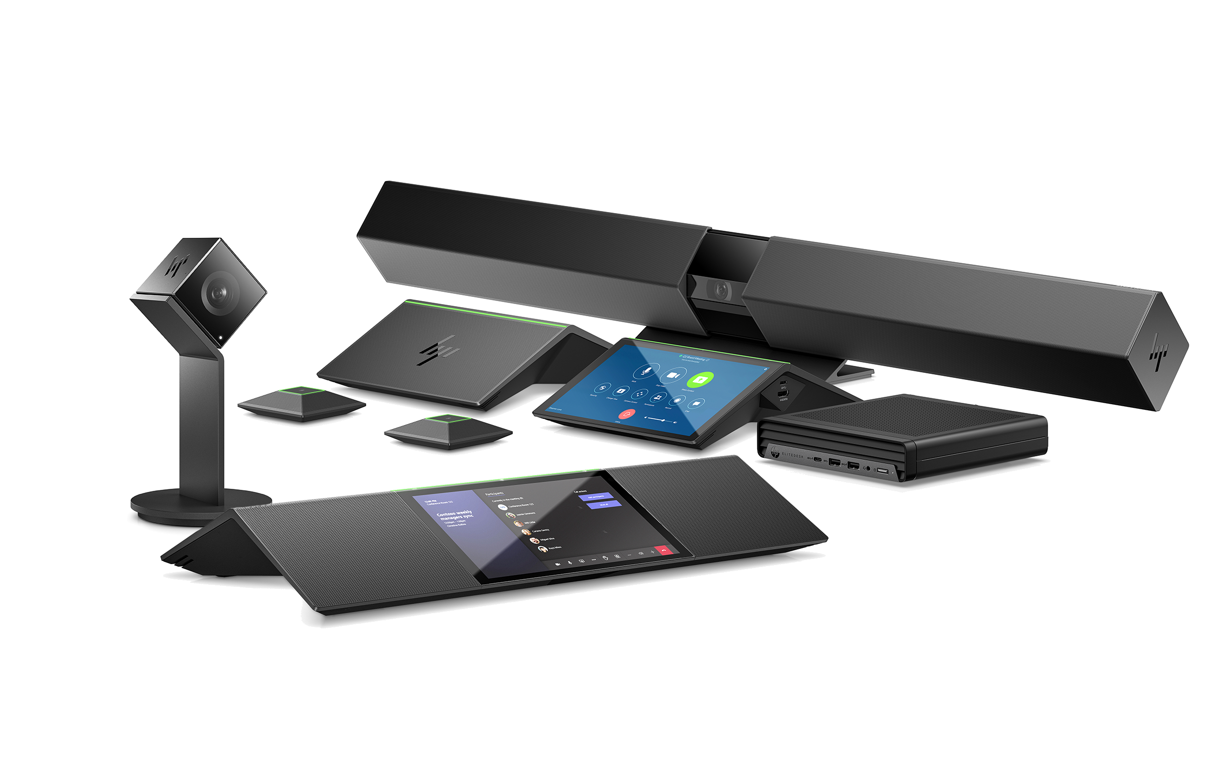 A display of devices that come with the HP Presence Meeting Space.