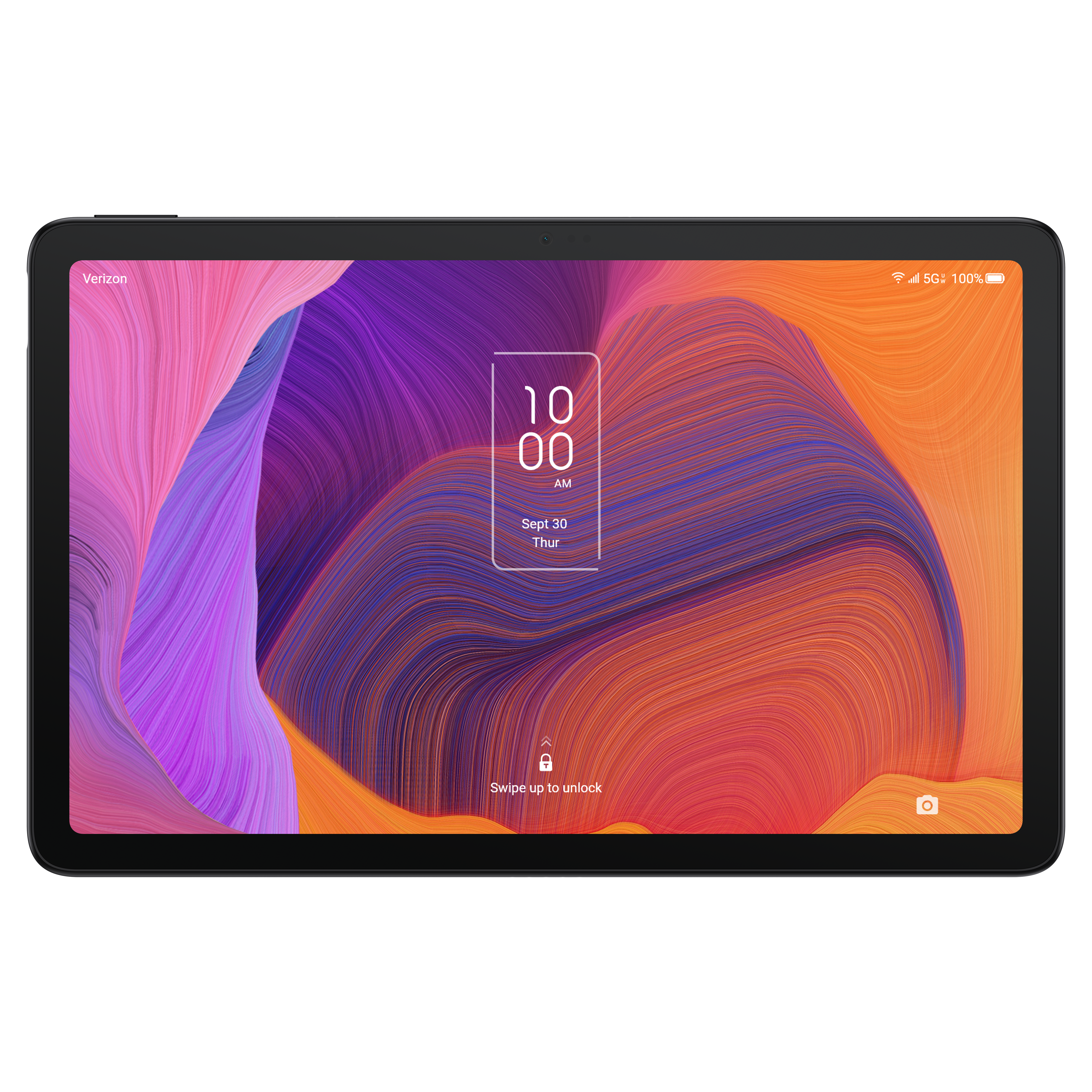 A product shot of the frontside of the TCL TAB PRO 5G with lock screen displayed.