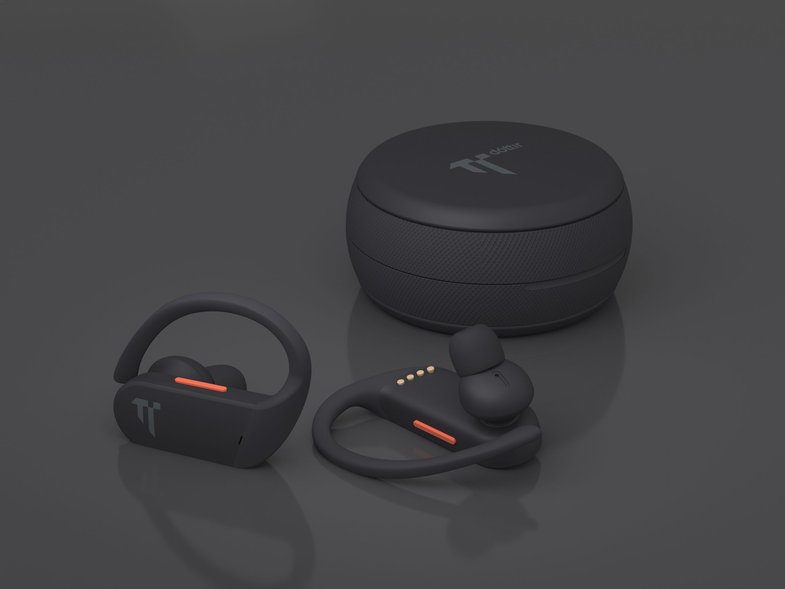 A product shot of the Dóttir In-Ear Headphones with the headphones case.