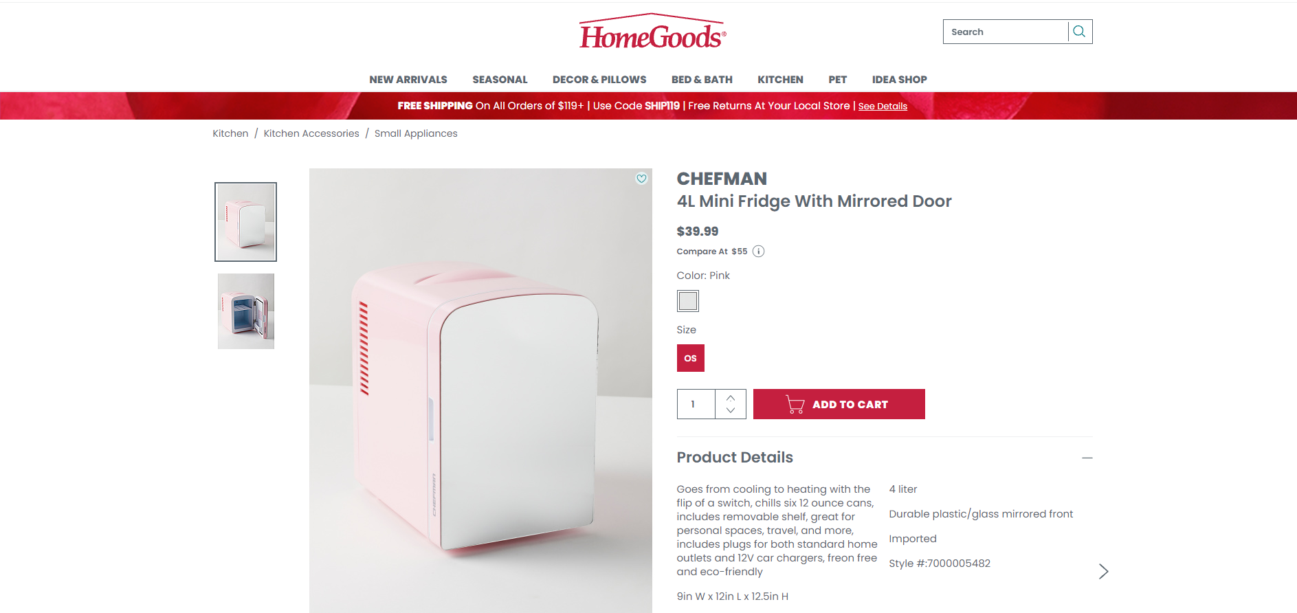 A picture of a mini fridge on HomeGoods' website.