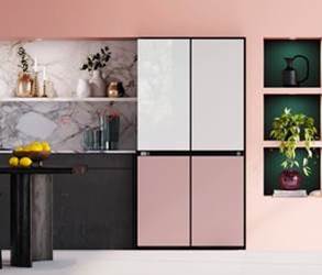 The Bespoke 4 door flex refrigerator in the colors white and rose pink glass.