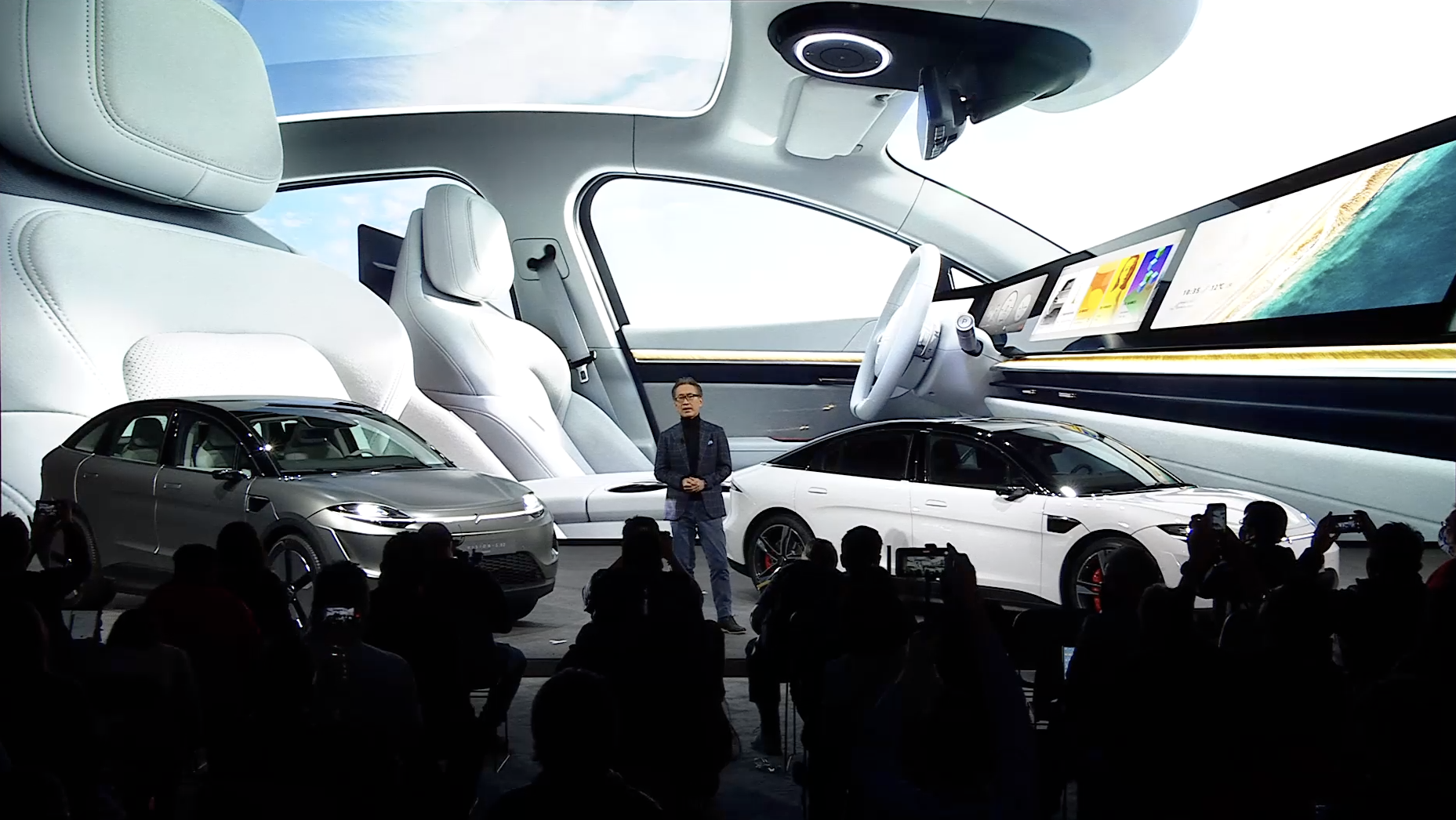 Sony Mobility: Sony’s Kenichiro Yoshida describes the functionality of the interior of the Sony Vision S SUV electric car, shown in prototype form at CES 2022