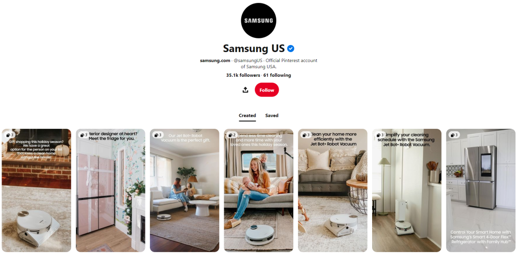 A picture of Samsung's Pinterest page