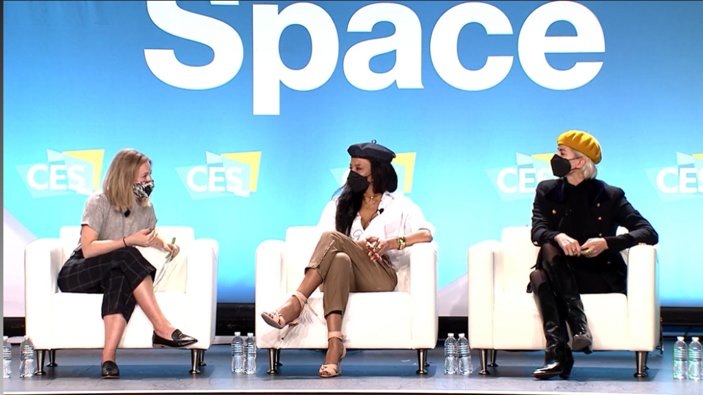 Audio Collective Co-Founder Toni Thai Sterrett and Clubhouse Head of Community and Creators Stephanie Simon speaking at a social audio panel at CES 2022.