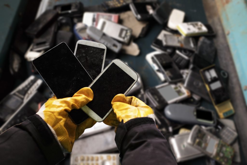 Electronics like wearable tech and smartphones being recycled.