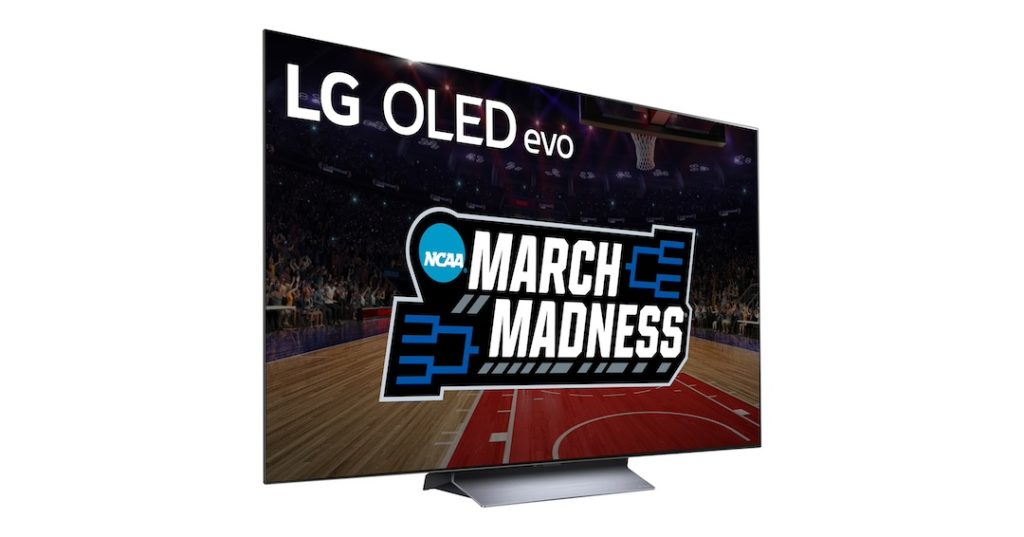 The LG OLED evo TV with the NCAA March Madness logo displayed to show the partnership between the consumer electronics brand and the sports organization.